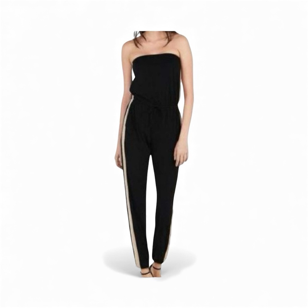 Black Strapless Jumpsuit with Tan Stripe